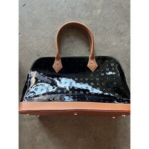ARCADIA Italy Black Patent & Tan Leather Large Shoulder Handbag Purse Satchel